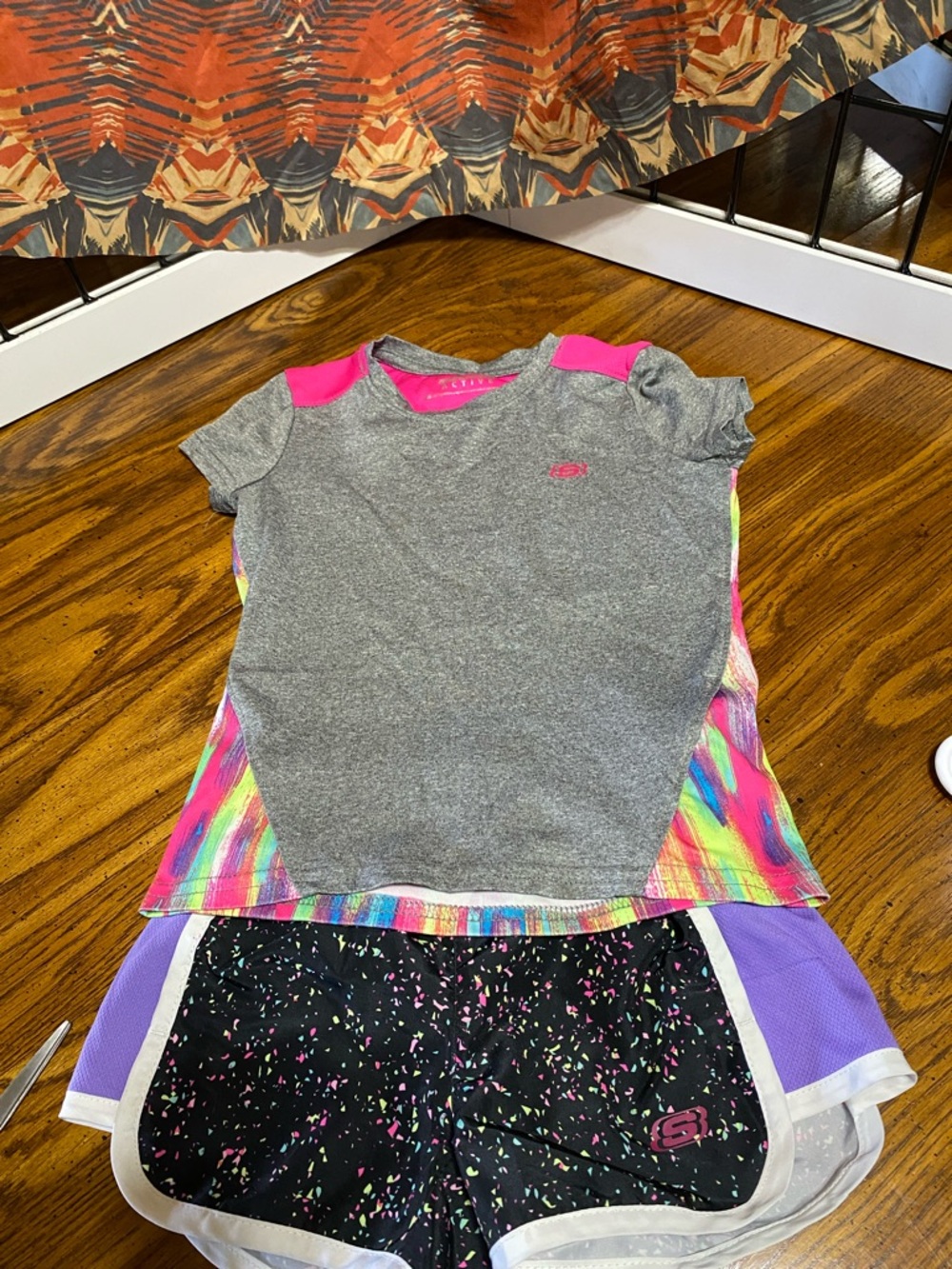 Skechers Gray Tee with Pink & Multicolor Panels with matching shorts set